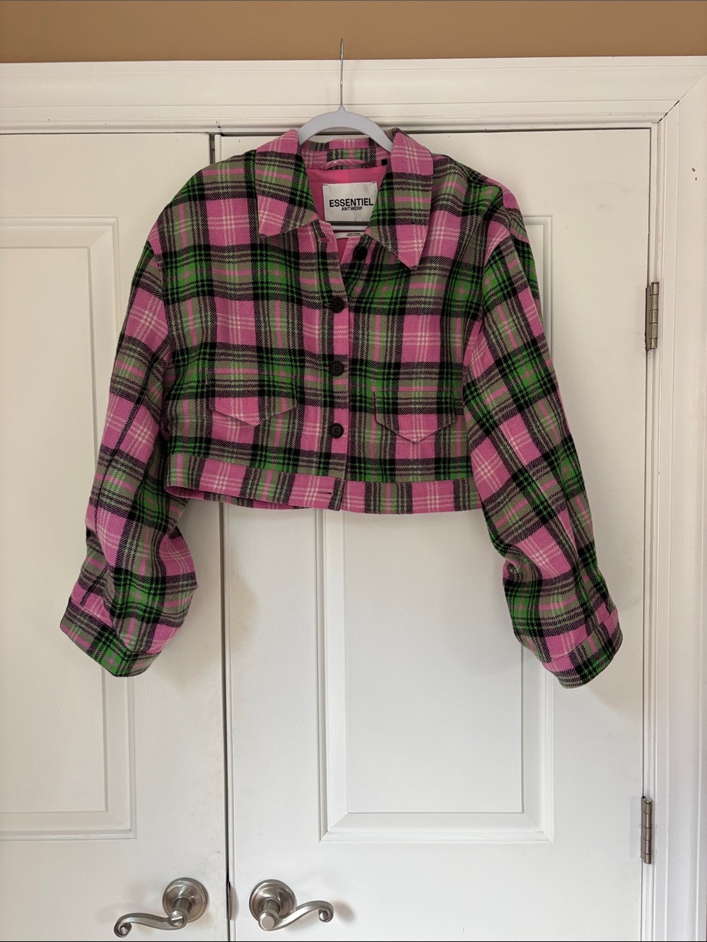 Anthropologie Pink & Green Plaid Cropped Jacket